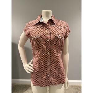 Roper Western Shirt Women’s Sz M Pearl Snap Cap Sleeve Pocket Cotton Geometric